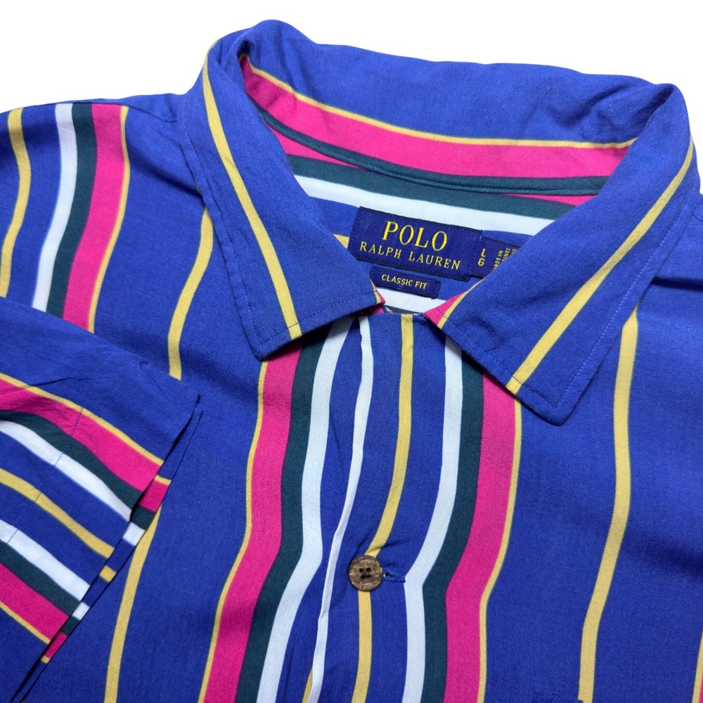 Polo Ralph Lauren Men Large Classic Fit Viscose Camp Resort Multi Striped Shirt